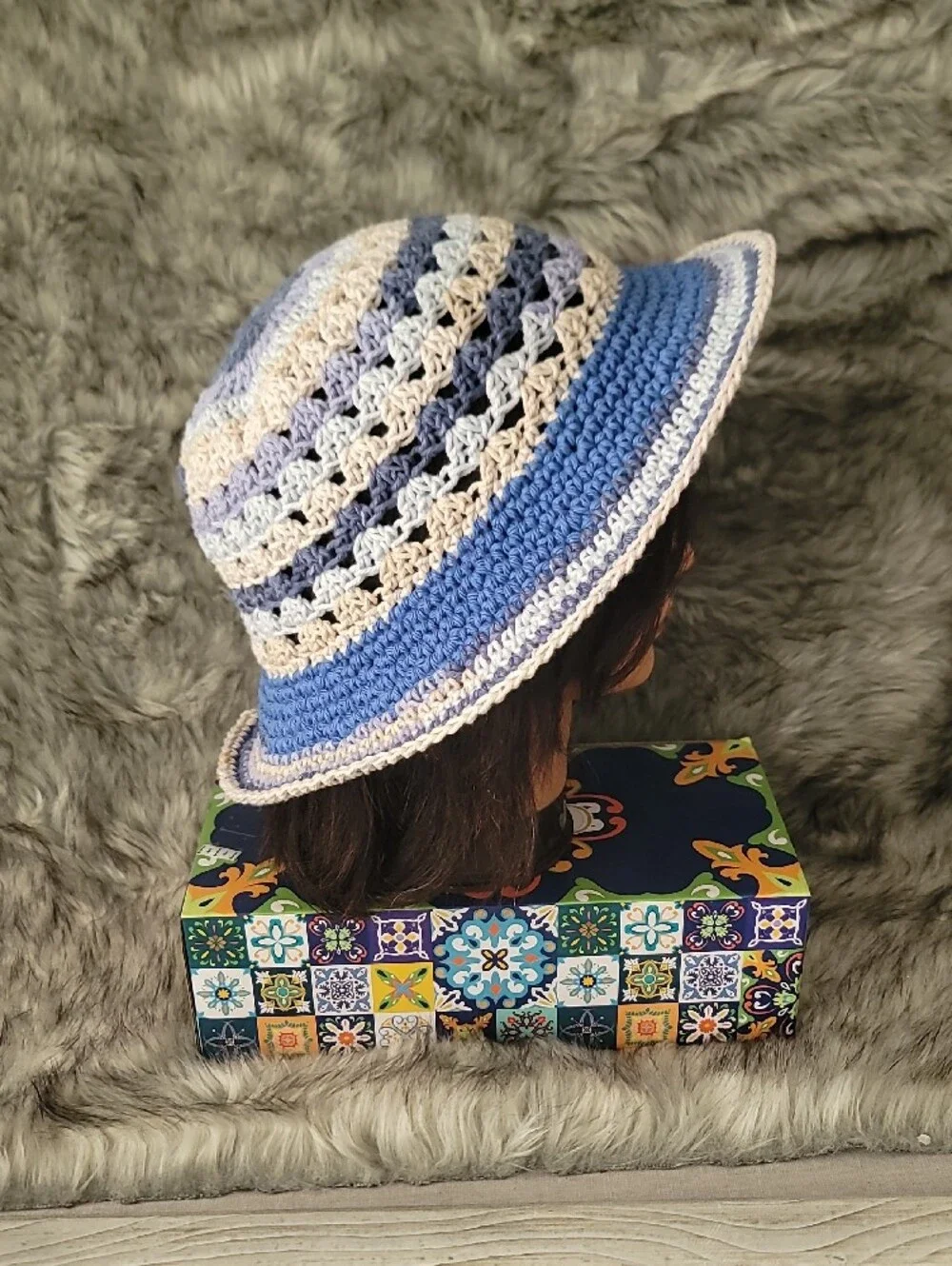 Handmade Crochet Bucket Hat in Blue and Cream - Women Accessories
